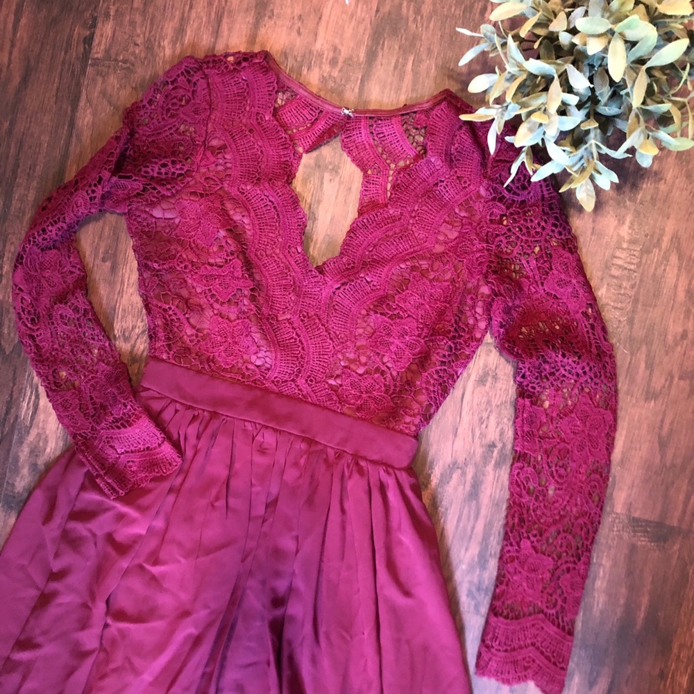 AWAKEN MY LOVE BURGUNDY LONG SLEEVE LACE DRESS ✨